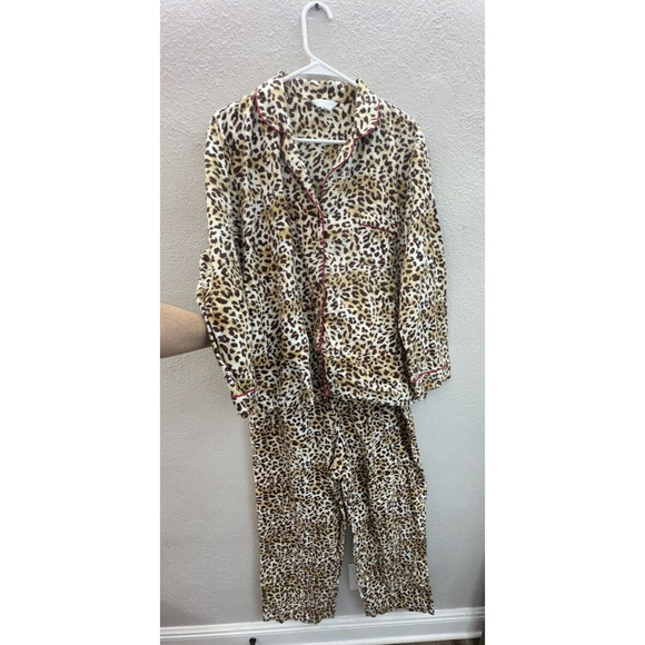 Charter Club Womens Pajama Set Size XL Brown Animal Print Long Sleeve Button Up - Picture 1 of 16